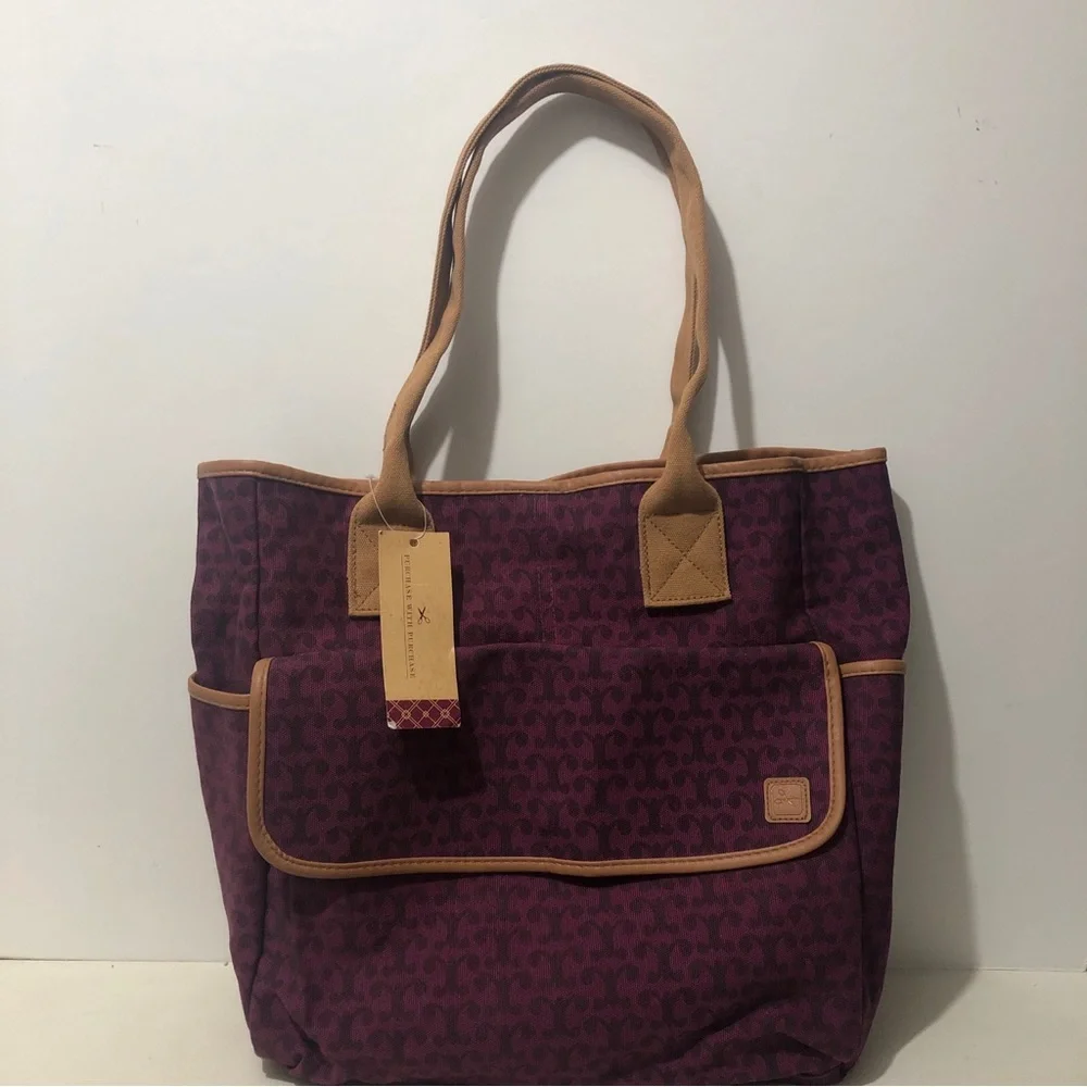 Purchase Canvas Tote Bag 12”Wx6”Wx13”H Floral Print High Capacity Pockets Maroon - Picture 1 of 9